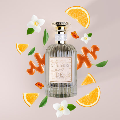 Vierro Havoc De Parfum perfume bottle with floral and citrus notes, showcasing elegant packaging on a neutral background.