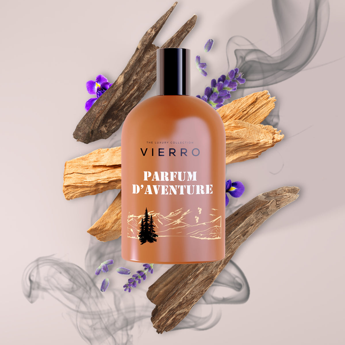 Vierro Parfum d'Aventure perfume bottle with notes displayed in the background, showcasing an elegant fragrance design.