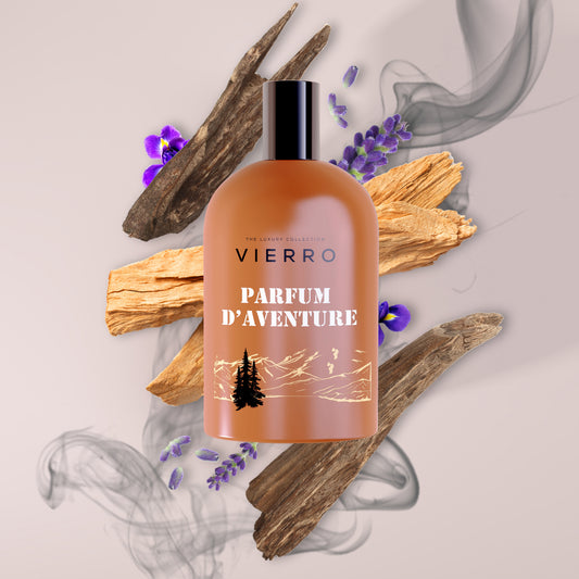 Vierro Parfum d'Aventure perfume bottle with notes displayed in the background, showcasing an elegant fragrance design.