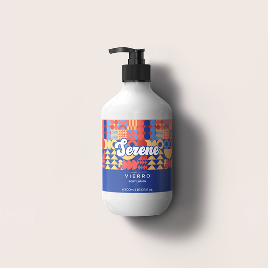 Vierro Serene body lotion bottle with colorful label on a light gray background