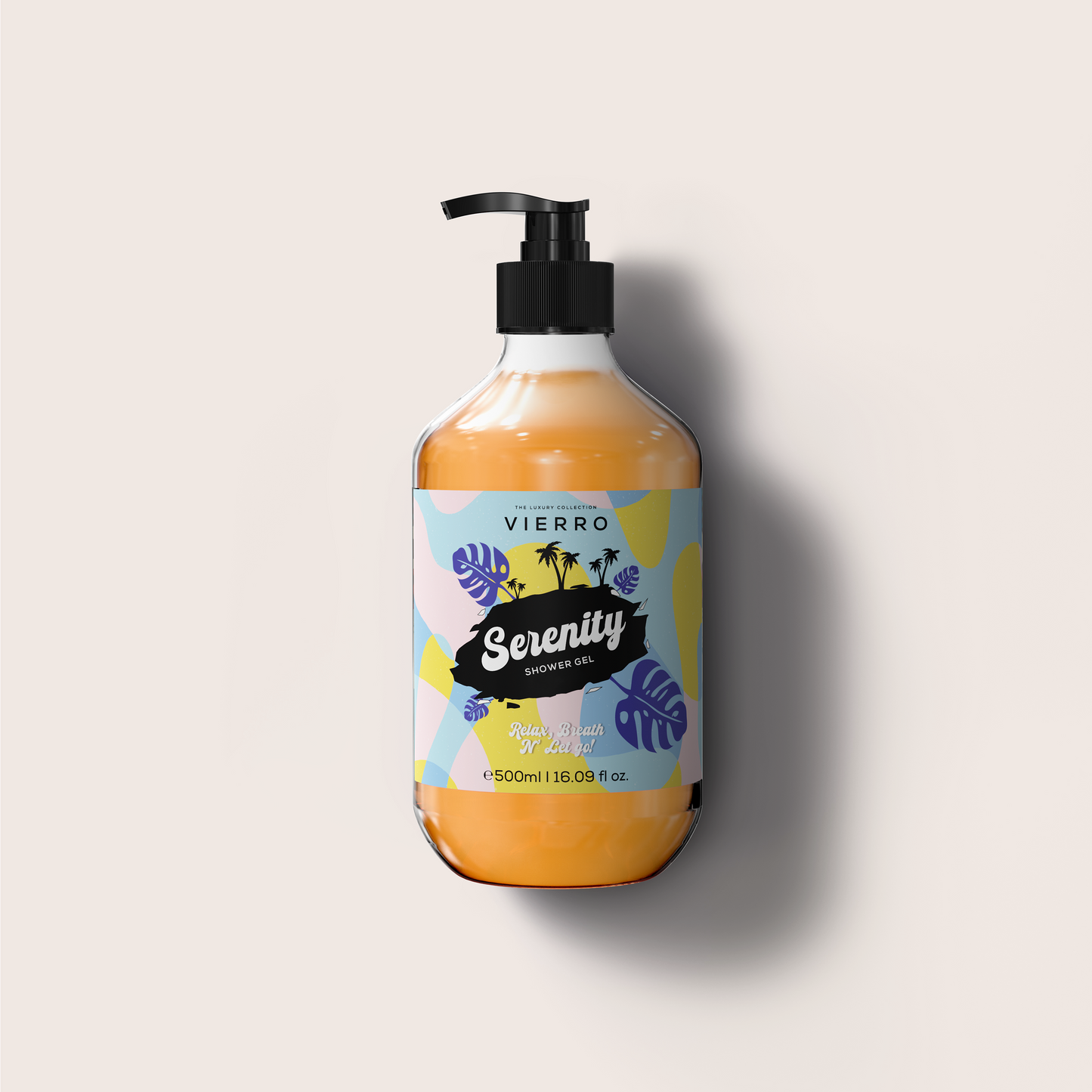 Viero Serenity shower gel bottle with colorful label on a light gray background