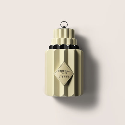 Vierro Tropical Drift scented candle in a glass jar with a tropical-inspired label, ideal for creating a relaxing ambiance.