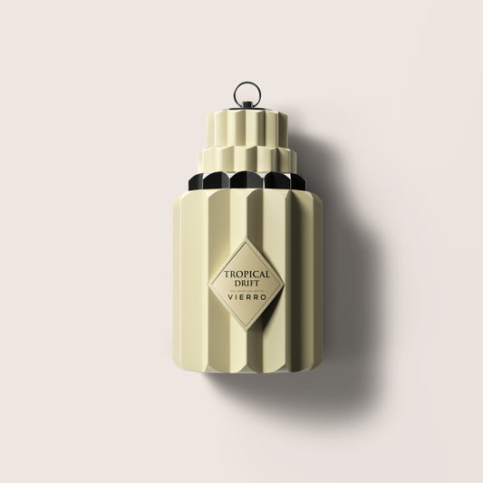 Vierro Tropical Drift scented candle in a glass jar with a tropical-inspired label, ideal for creating a relaxing ambiance.