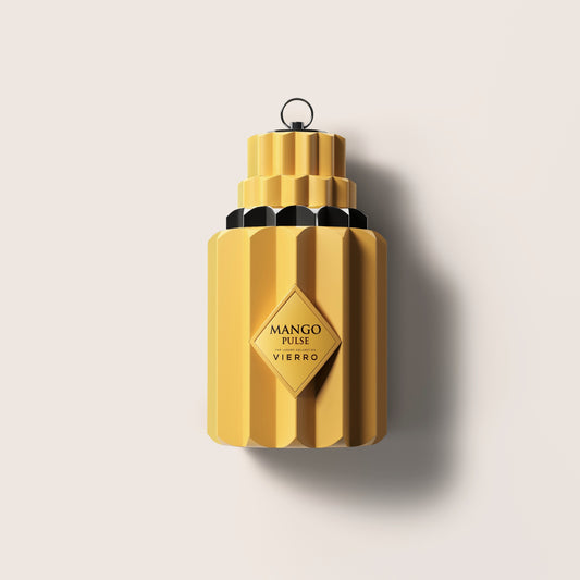 Vierro Mango Pulse beverage in a clear glass, showcasing vibrant yellow mango drink with ice cubes and fresh mango slices.