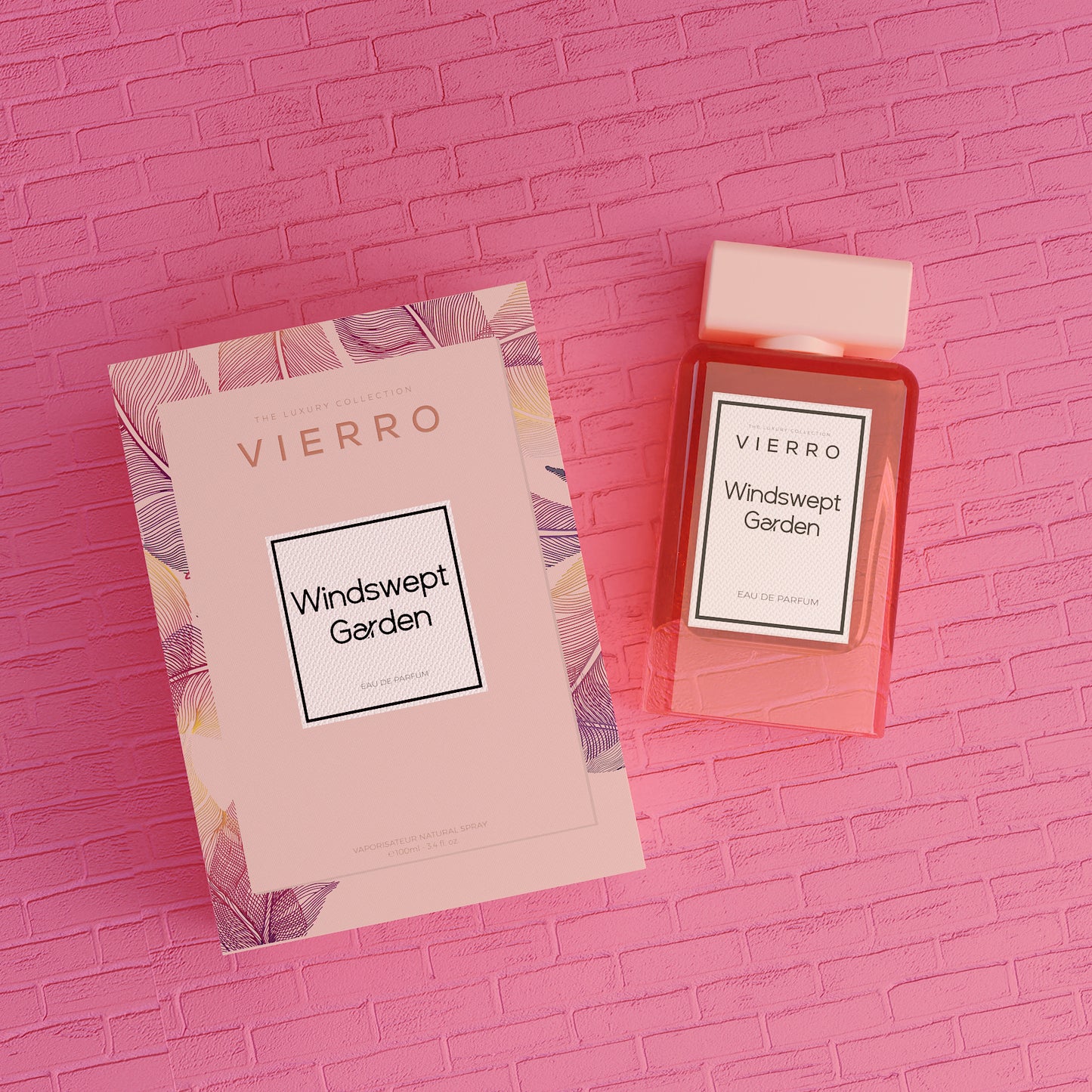 Vierro Windswept Garden perfume bottle with floral and fresh scent, elegant design, and vibrant garden-inspired artwork.