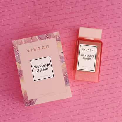 Vierro Windswept Garden perfume bottle with floral and fresh scent, elegant design, and vibrant garden-inspired artwork.