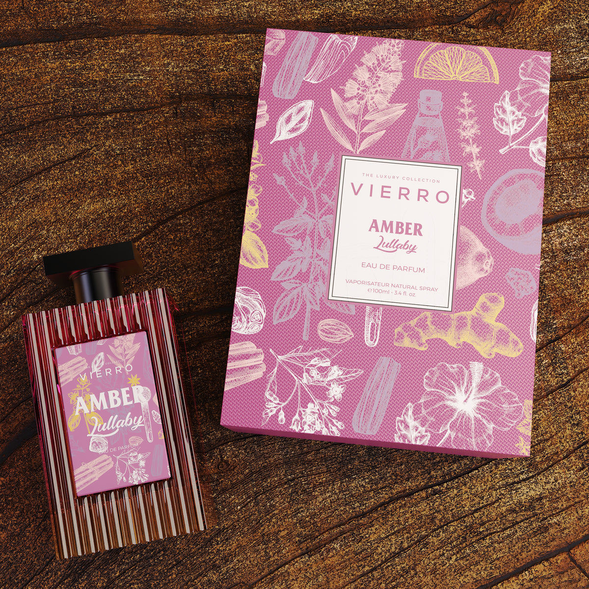 Vierro Amber Lullaby perfume bottle with amber-colored liquid and elegant packaging on a neutral background.