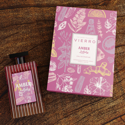 Vierro Amber Lullaby perfume bottle with amber-colored liquid and elegant packaging on a neutral background.
